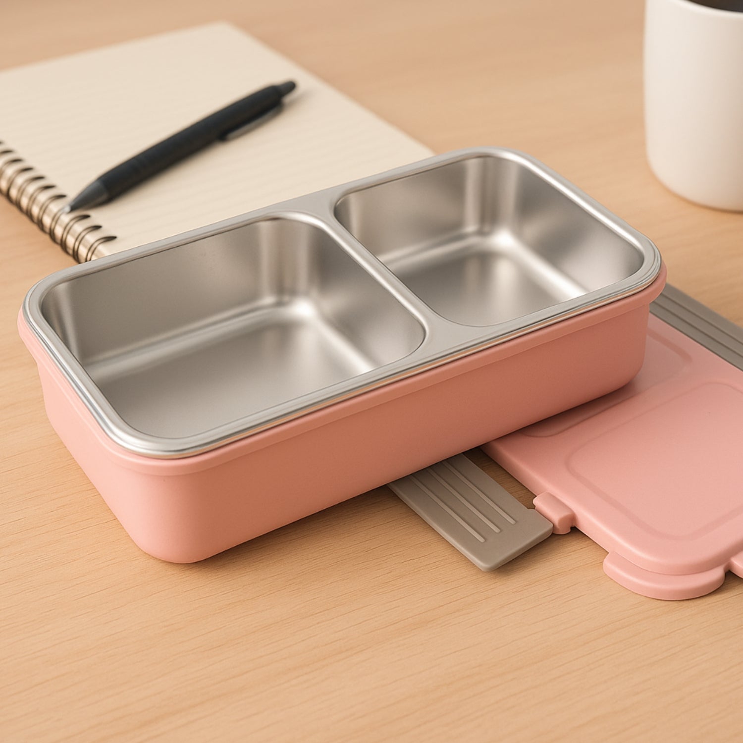 BPA-Free lunch box featuring built-in cutlery slot holding a spoon