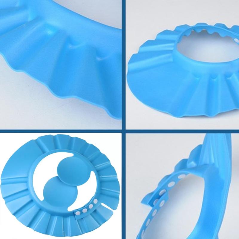 Baby shower cap made from flexible EVA foam, shown in blue.