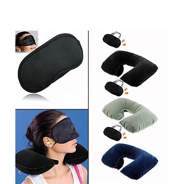 Person comfortably resting with the travel pillow and eye mask from the Air Travel Kit.