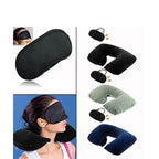 Person comfortably resting with the travel pillow and eye mask from the Air Travel Kit.