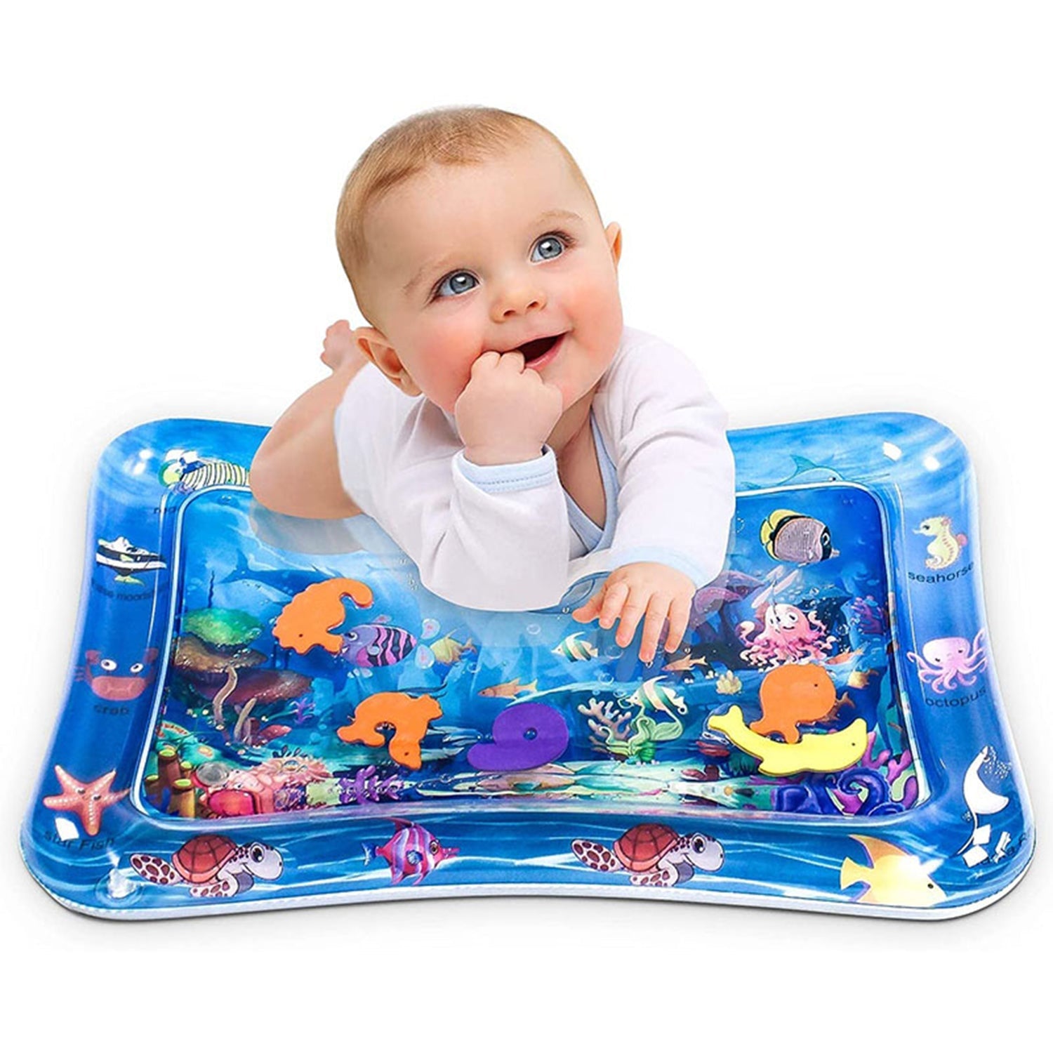 A baby happily playing on an inflatable Baby Water Mat with colourful floating ocean creatures.