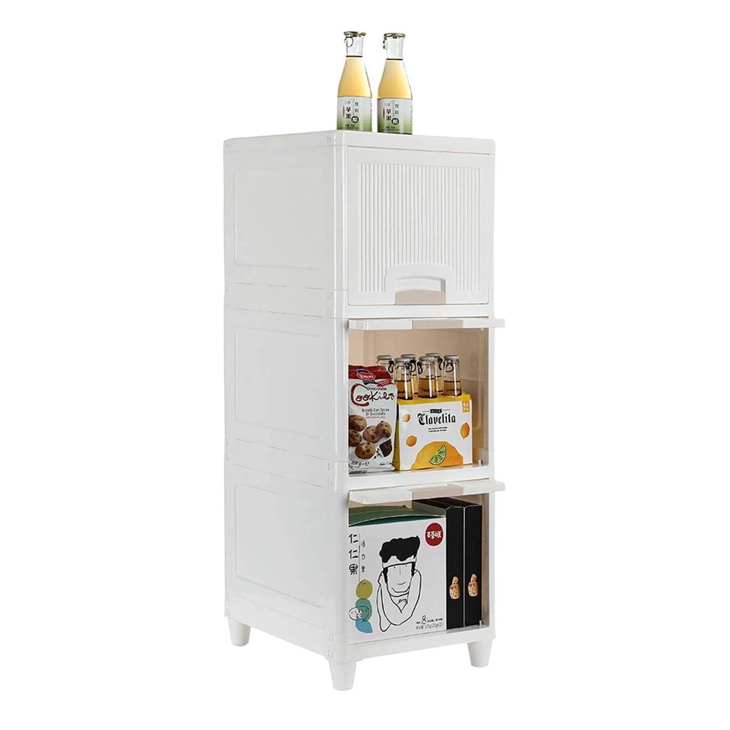 Kids' toys neatly stored in the multipurpose plastic storage cabinet, ideal for playrooms.