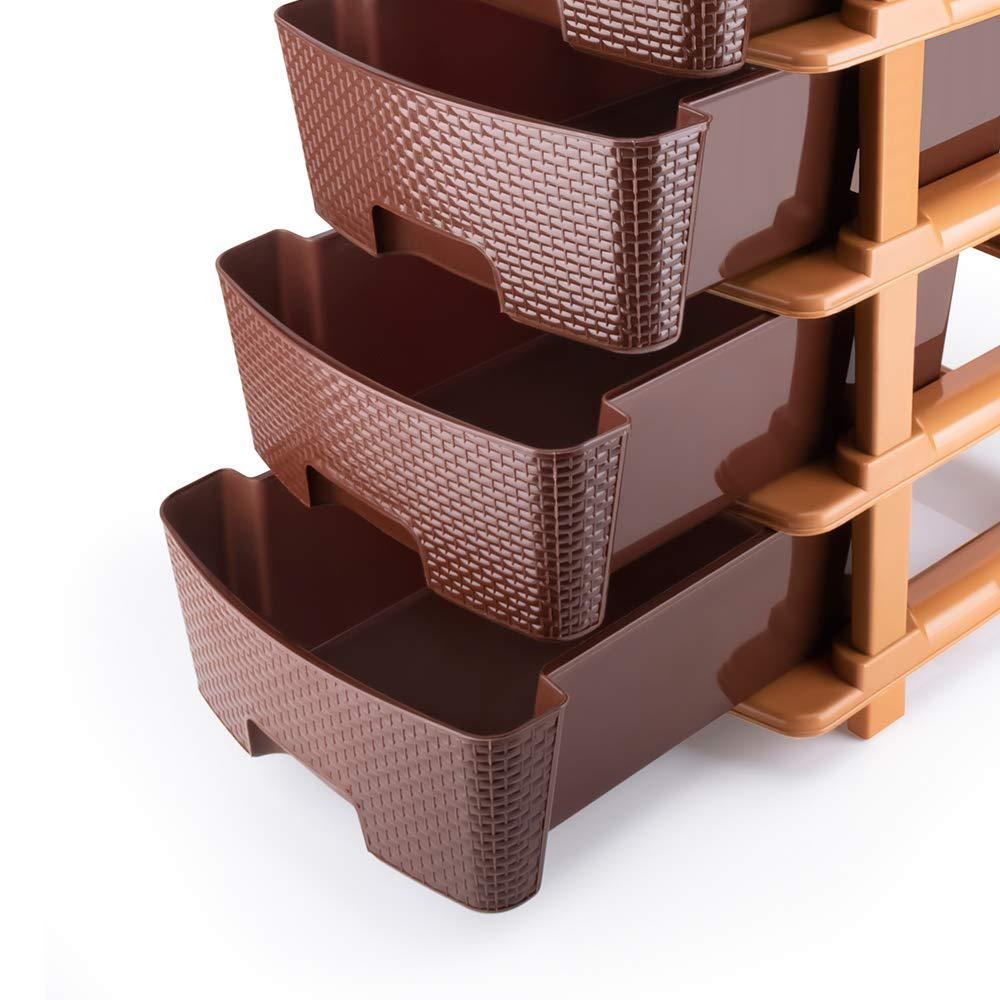 Lifestyle shot of the brown plastic drawer system in a modern living space.