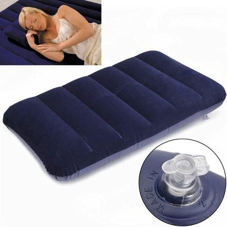 Blue inflatable travel pillow on a clean background, showcasing its material.