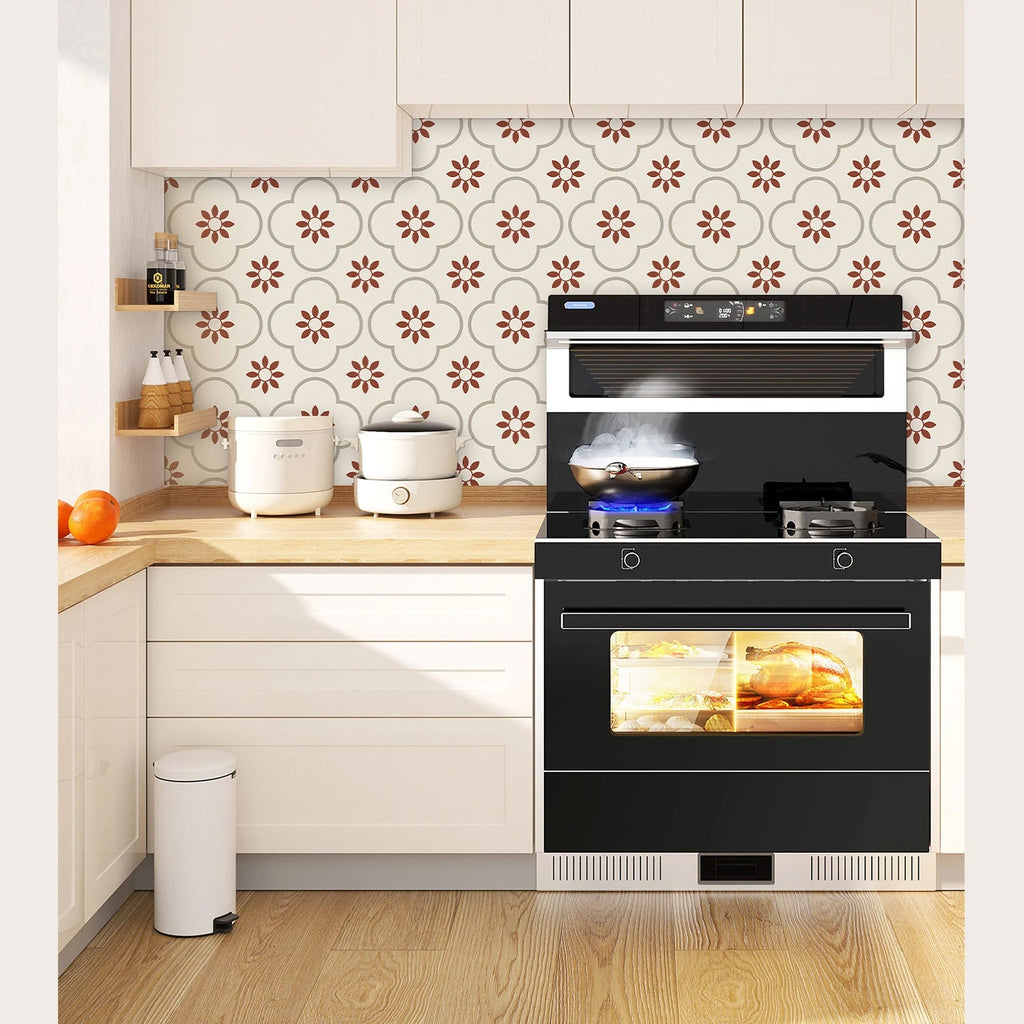 Hand applying a DIY peel and stick tile sticker to a smooth wall surface.