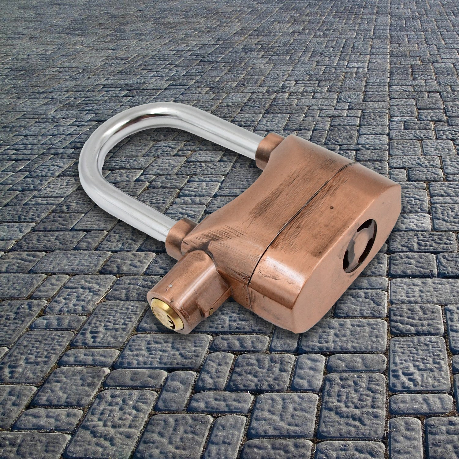 AutoSafeo waterproof alarm lock securing a bicycle wheel, demonstrating its use.