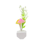 Color-changing LED mushroom night light illuminating a cozy room.