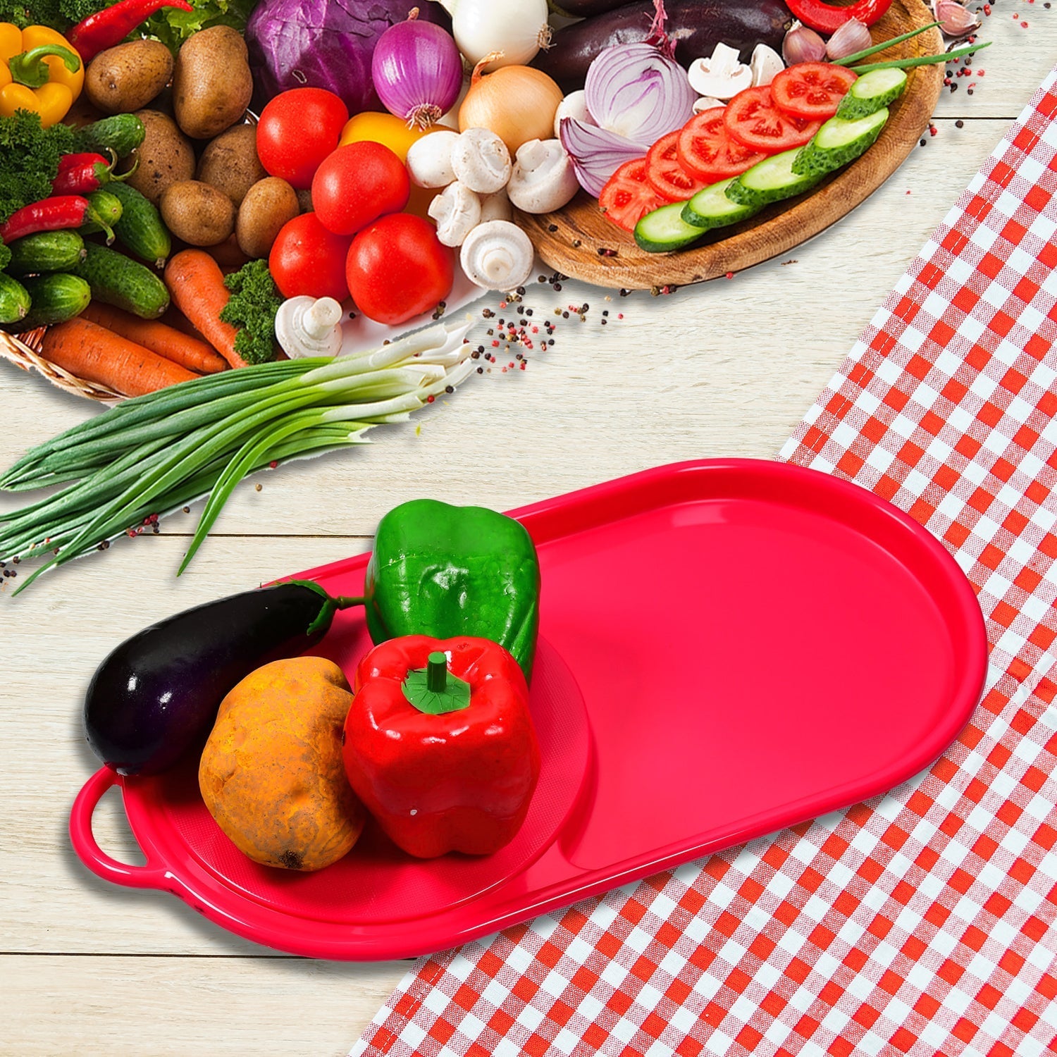 Plastic chopping board with integrated tray, shown with chopped vegetables.