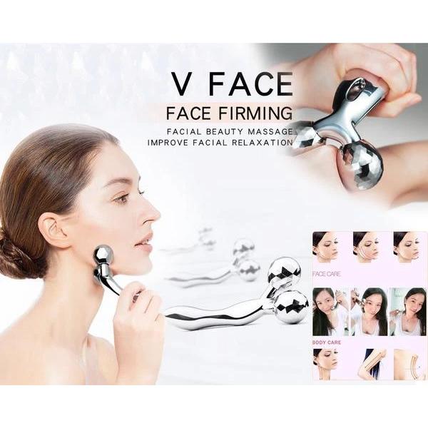 Detail view of the solar-powered 3D facial massager, highlighting its dual rolling spheres for skin tightening.