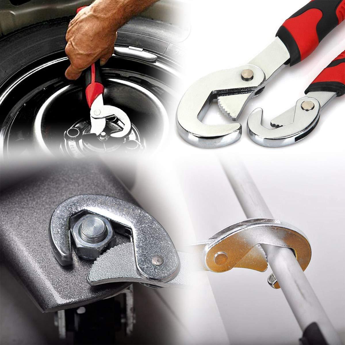 BoltForce universal adjustable wrench gripping a pipe for plumbing repair.