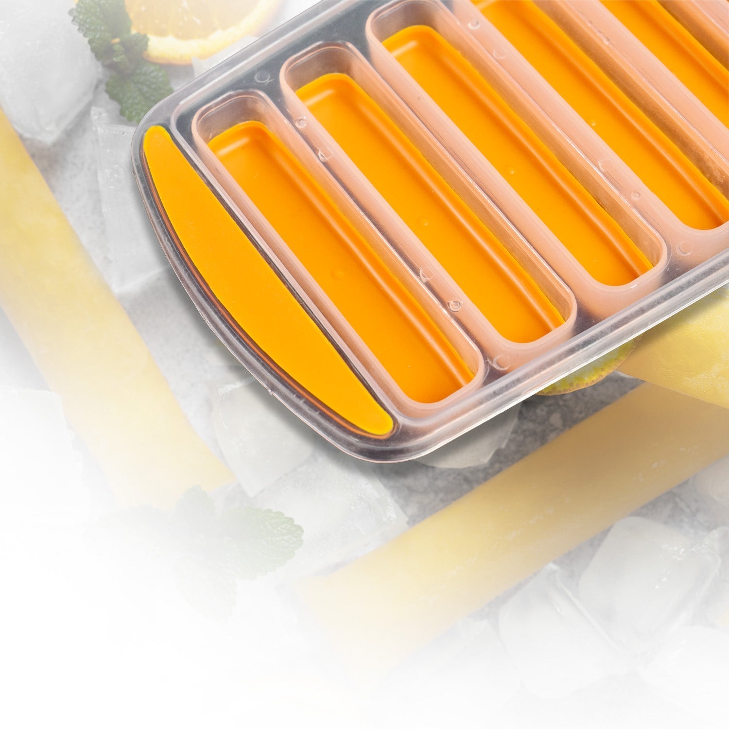 Ice sticks from the tray chilling a water bottle for on-the-go hydration.