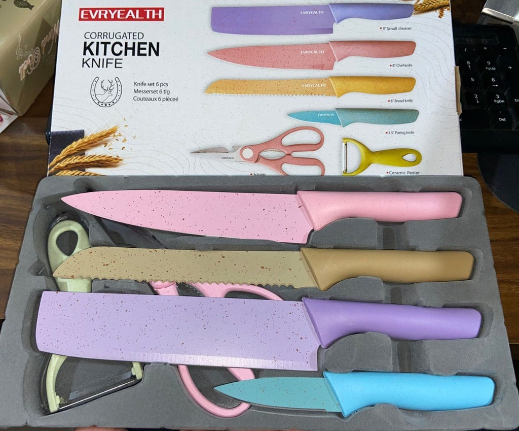 Full 6-piece kitchen knife and tool set laid out for display