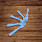 Durable reusable plastic forks, a 5-piece set, ready for various culinary applications.