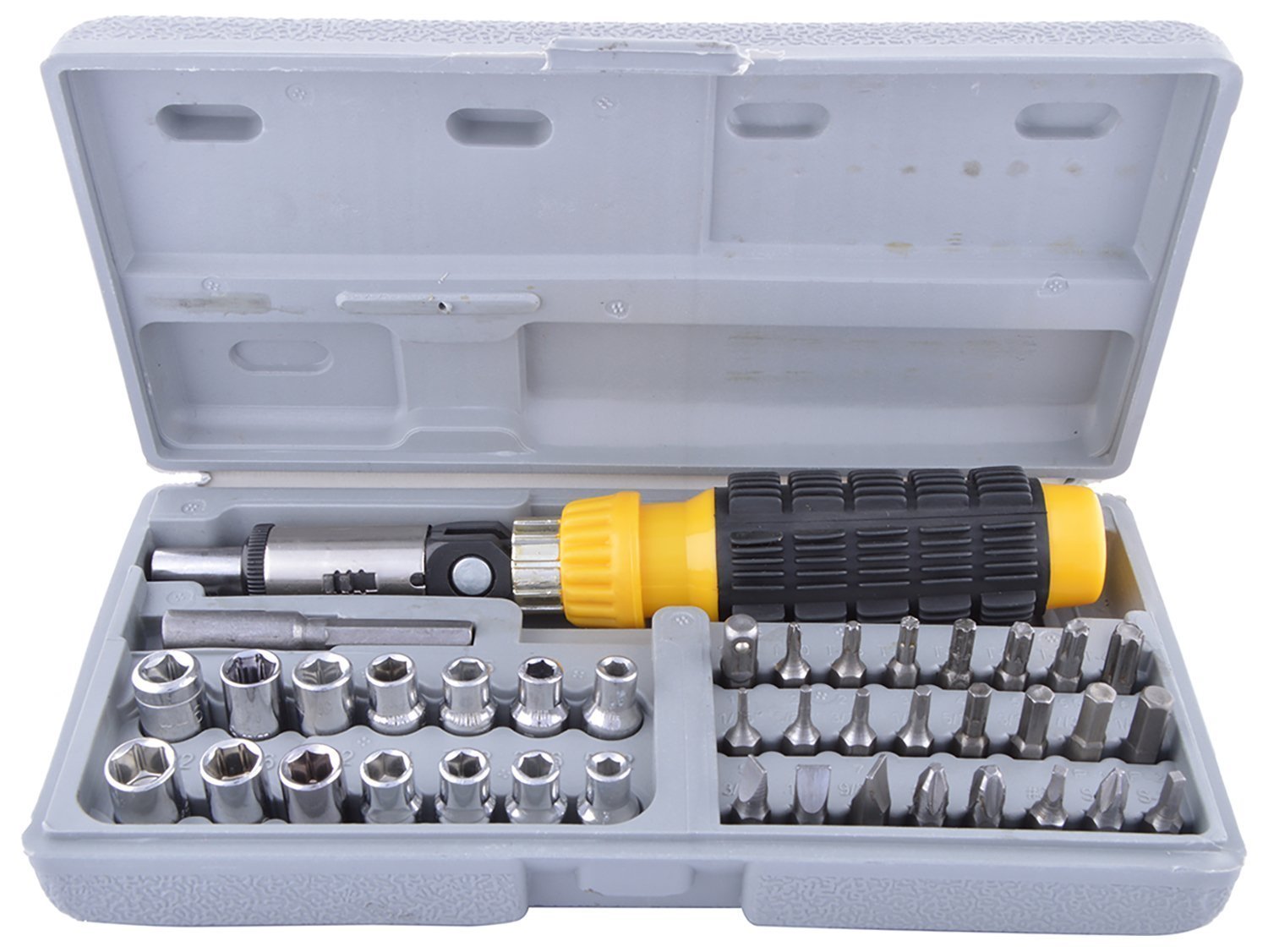 Close-up view of the chrome-finished carbon steel components within the 41-piece tool kit.