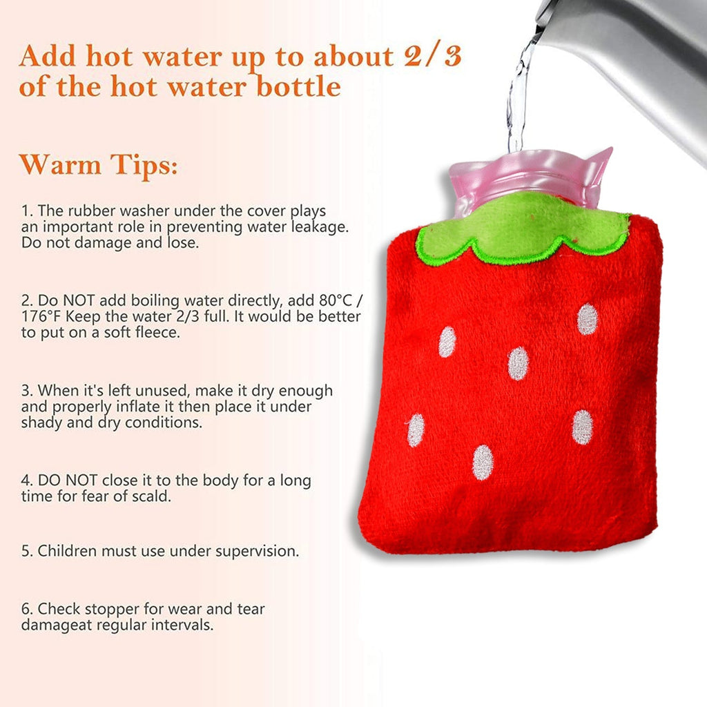 Small heating water bag with a charming strawberry print on a clean surface.