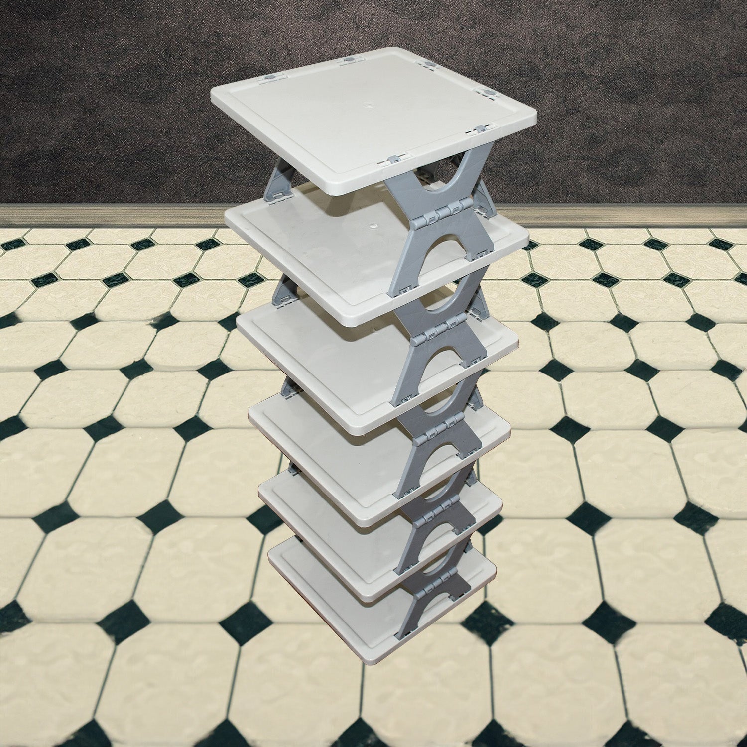Side view showcasing the sturdy ABS construction of the 6-layer shoe rack.