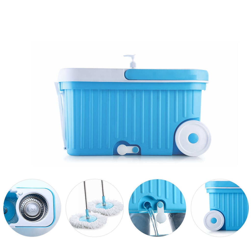 Efficient spin mop bucket system for thorough 360-degree cleaning.