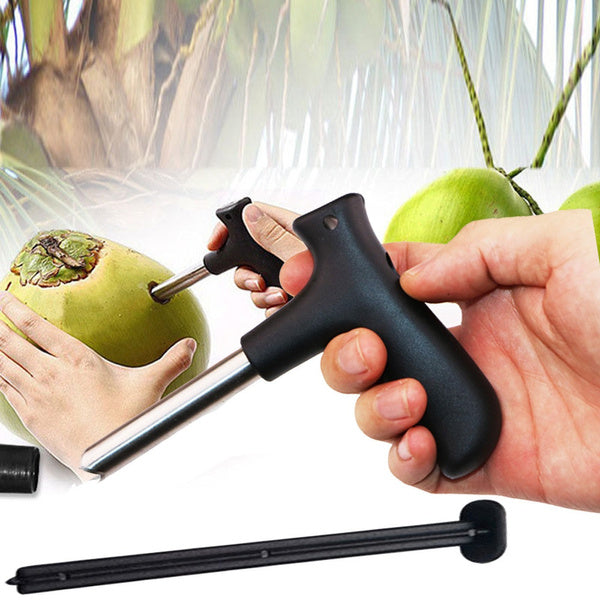 Stainless steel coconut opener tool with a comfortable black grip.