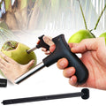 Stainless steel coconut opener tool with a comfortable black grip.