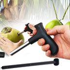 Stainless steel coconut opener tool with a comfortable black grip.