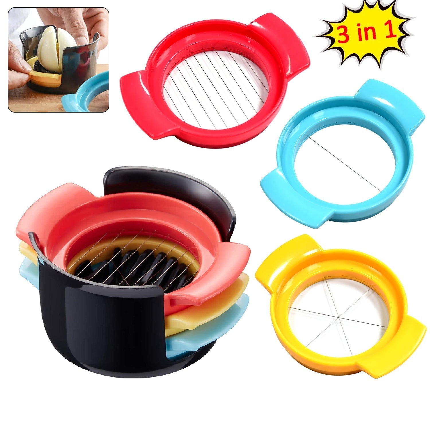 Hand using the egg slicer to cut soft fruits like strawberries and bananas for salads.