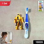 Kids manual toothbrush with interactive action hero robot toy set
