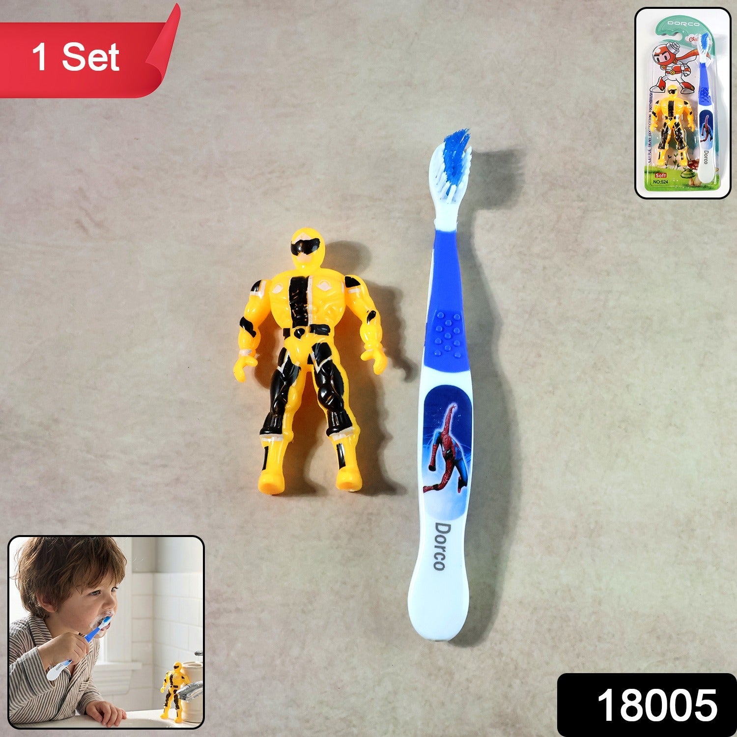 Kids manual toothbrush with interactive action hero robot toy set