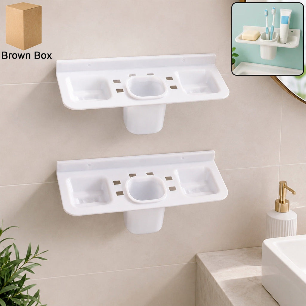Two-piece plastic soap dish with drainage tray and integrated toothbrush holder in a bathroom.