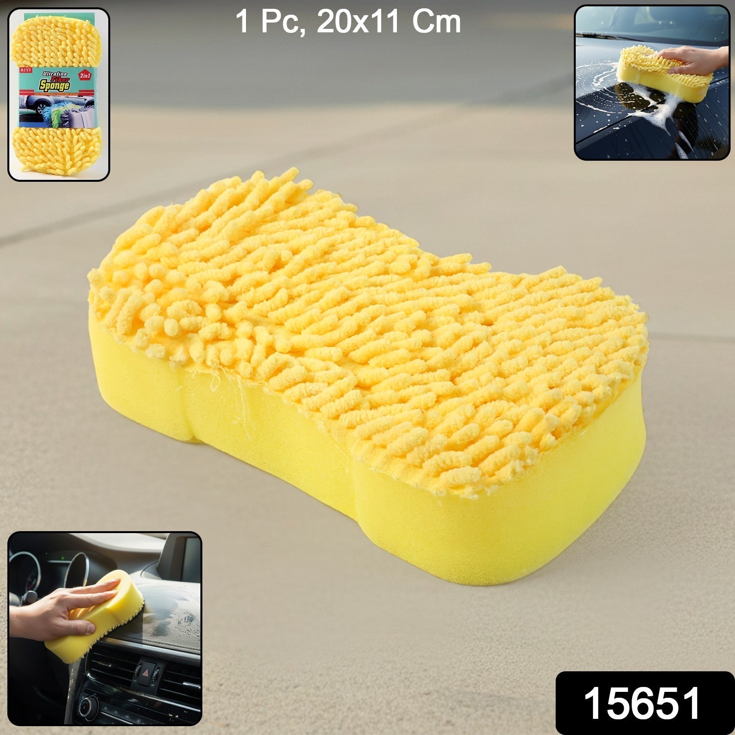 Hand holding microfiber sponge for vehicle cleaning