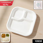 Top view of sturdy compostable bagasse meal plate with three deep compartments
