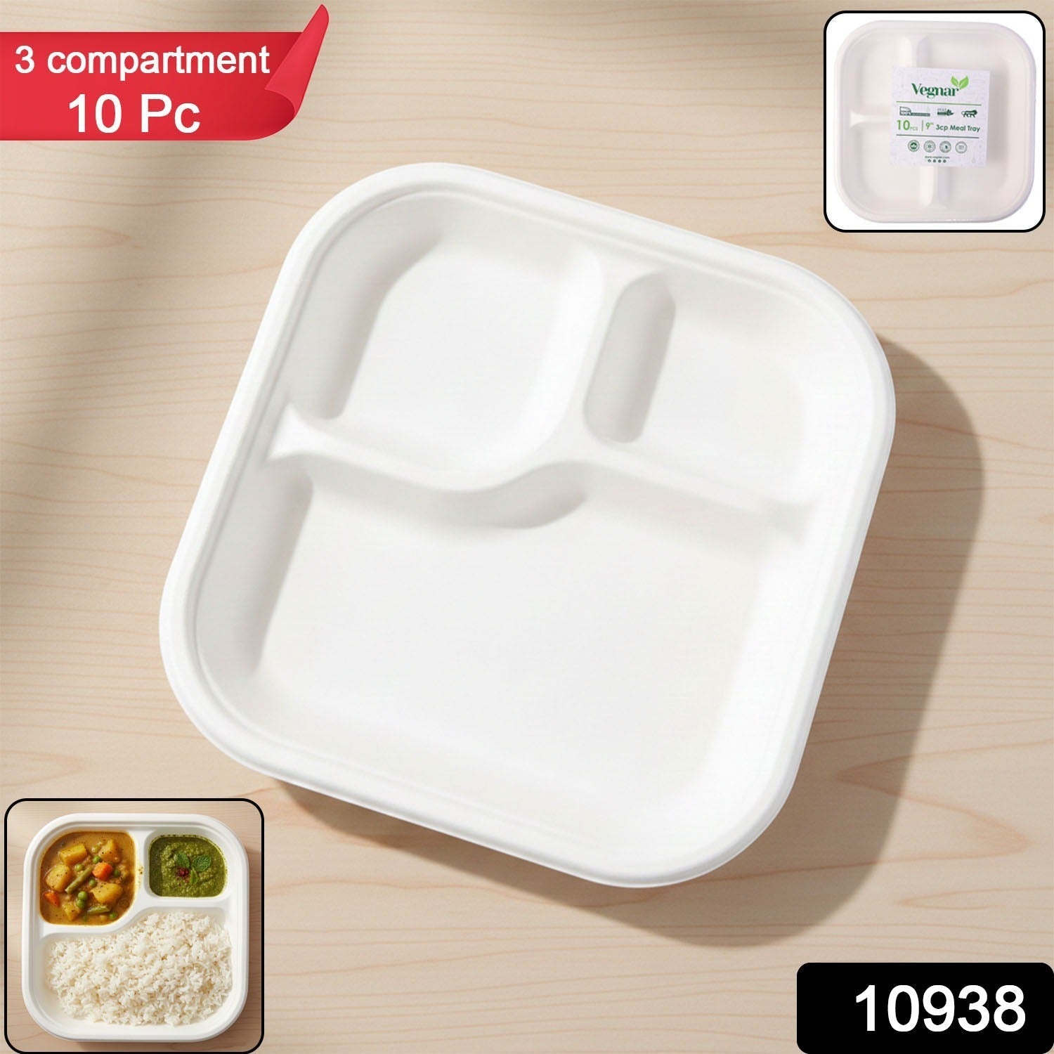 Top view of sturdy compostable bagasse meal plate with three deep compartments
