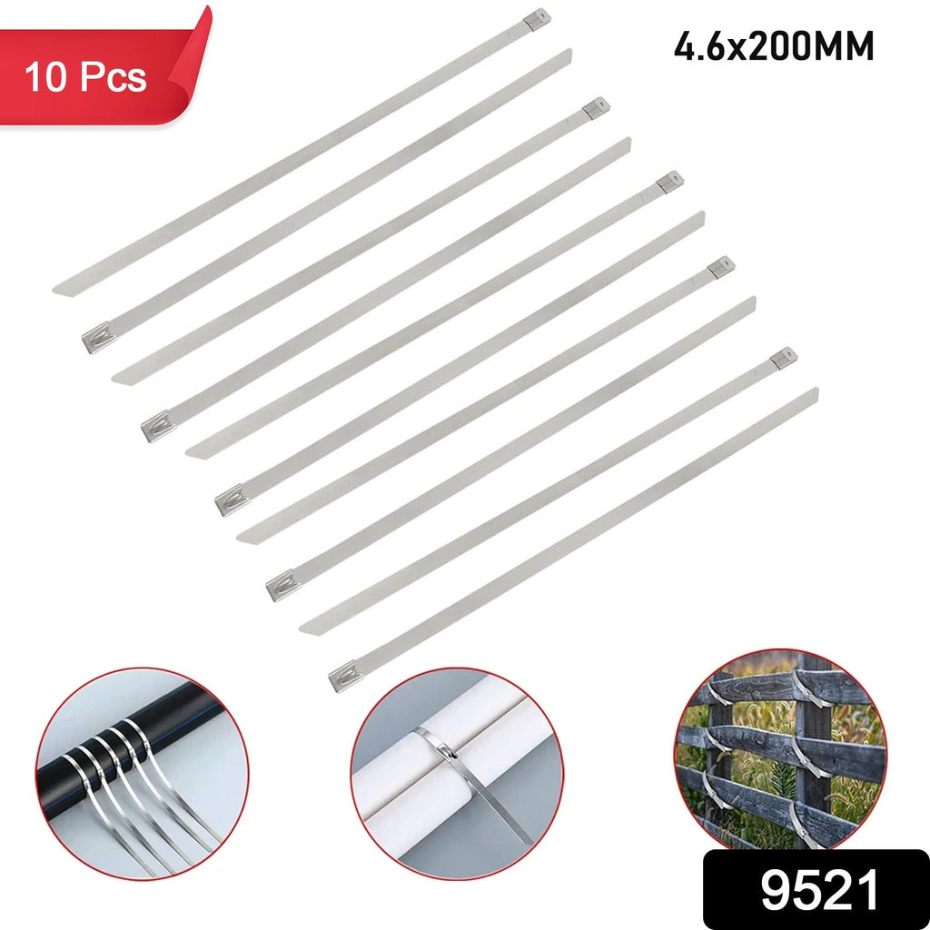 Close-up of a 4.6x200mm stainless steel cable tie, highlighting its self-locking mechanism.