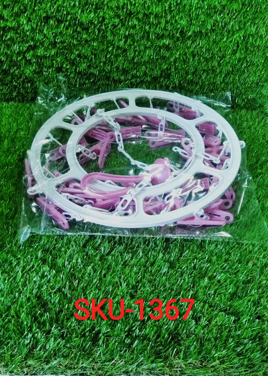 Durable plastic round hanger with 24 clips in vibrant colors, showcasing material.