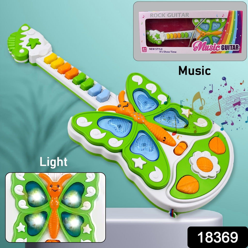 Close-up of the light-up butterfly guitar toy with musical notes.