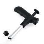 Ergonomic handle of the coconut opener tool for secure grip.