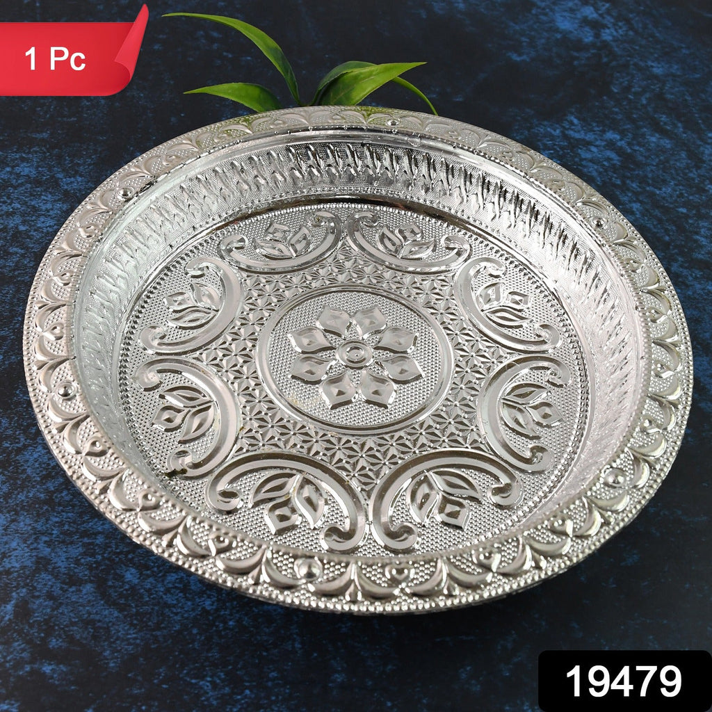 Elegant silver tone plastic pooja thali ideal for traditional rituals and aarti