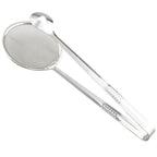 Stainless steel frying filter spoon with food being removed from oil.