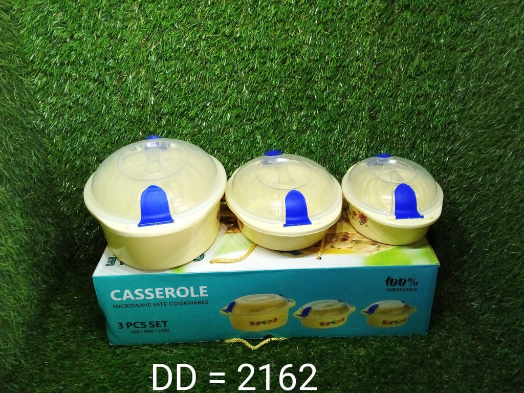 Complete set of three multicolour insulated casseroles displayed on a kitchen counter.