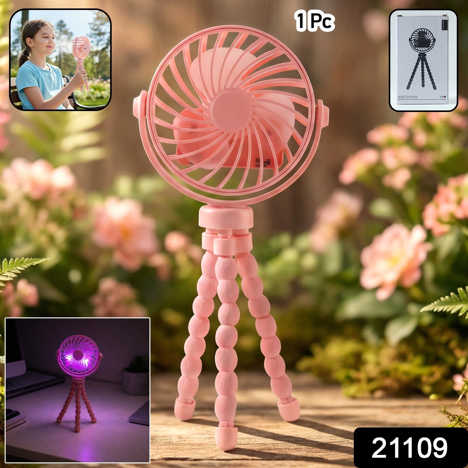 Compact rechargeable mini fan with integrated LED light for personal cooling
