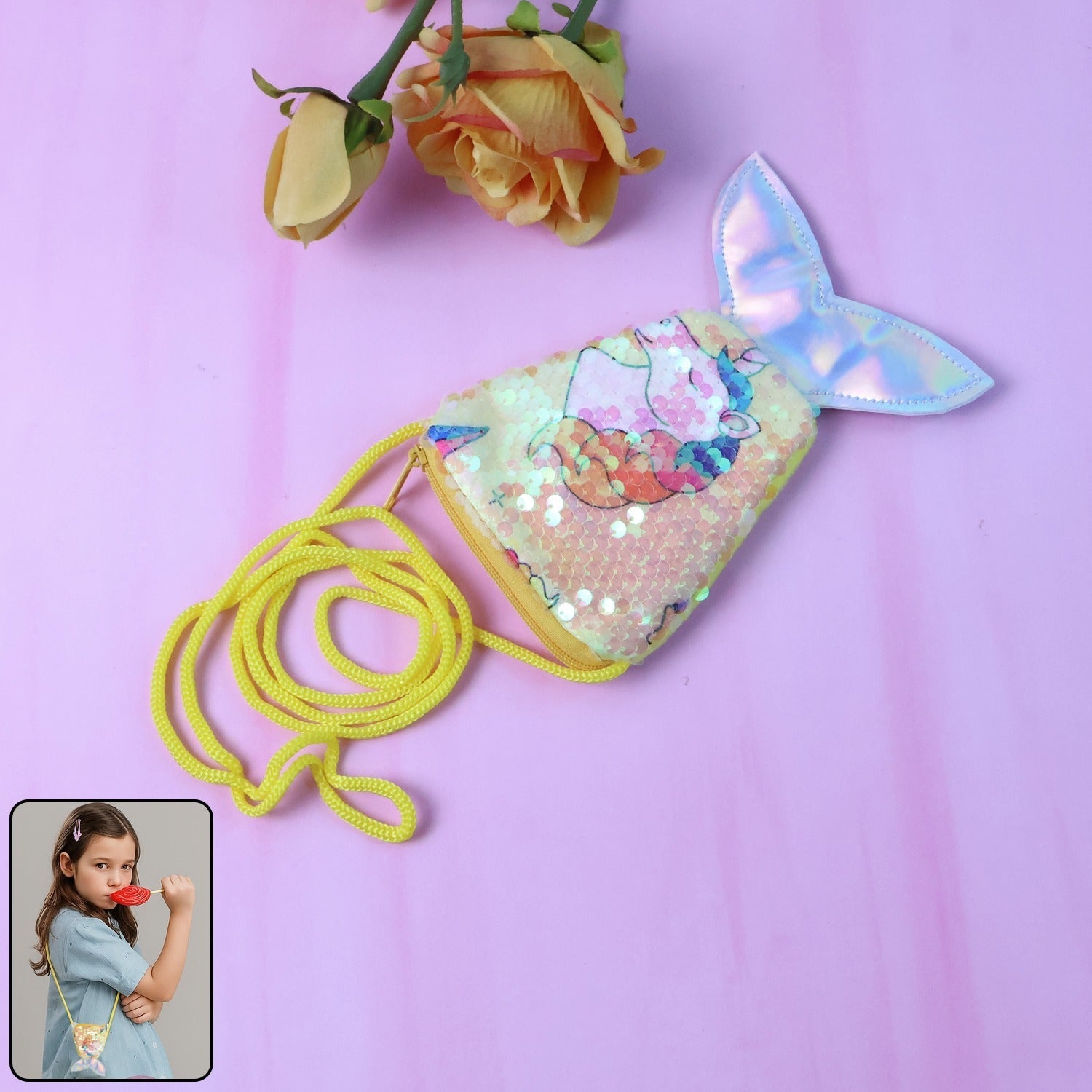 Mermaid Tail Kids Sling Bag featuring colorful reversible sequins for girls