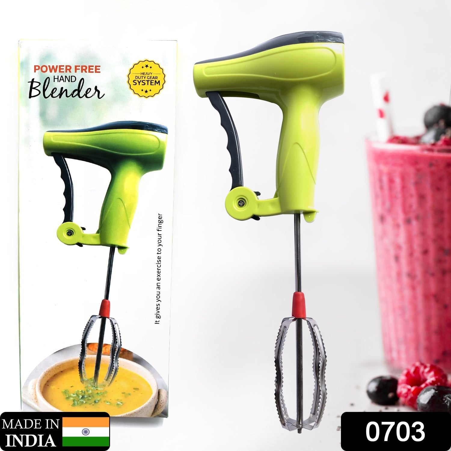 A person effortlessly using a manual hand blender to whisk eggs in a bowl.