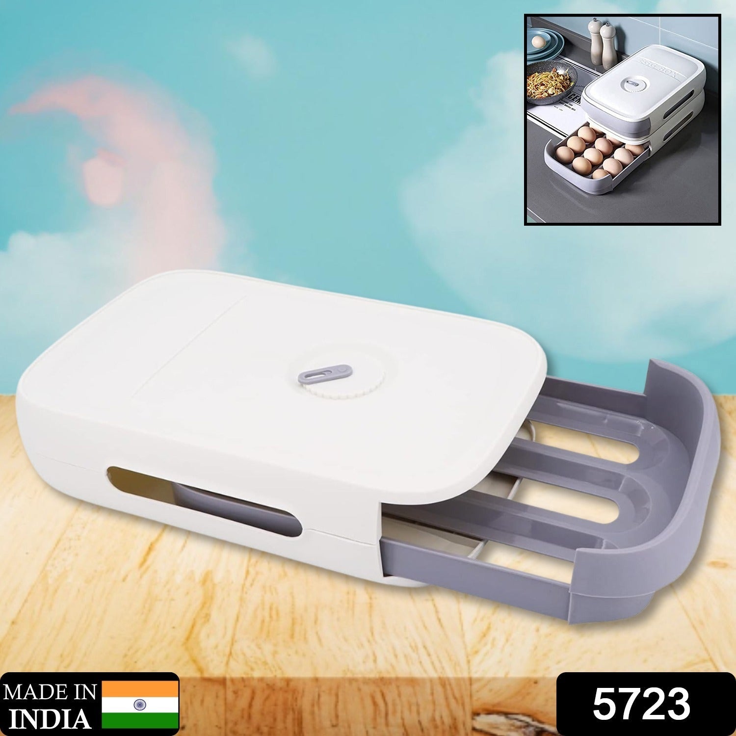 Side view of the drawer-style egg storage box, showcasing its compact design for fridge organization.