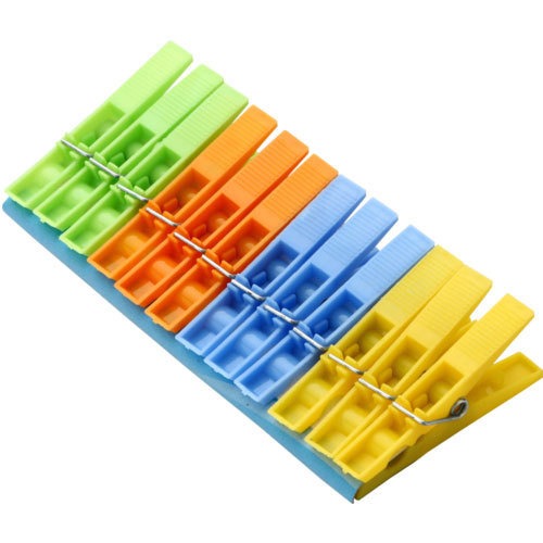 Vibrant multicolour cloth clips, a 12-piece set for effective laundry drying.