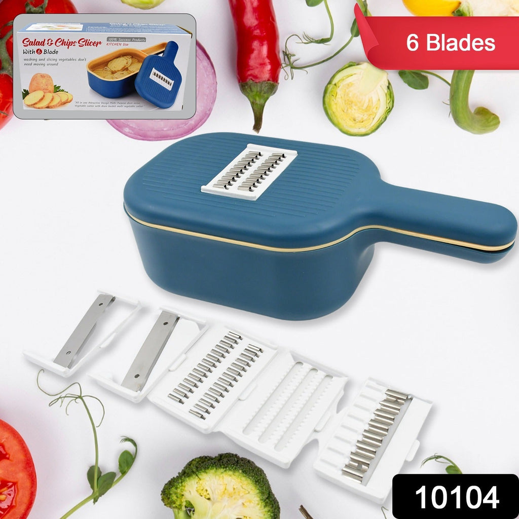 Close-up of the Quickslice vegetable slicer showing its six interchangeable stainless steel blades.