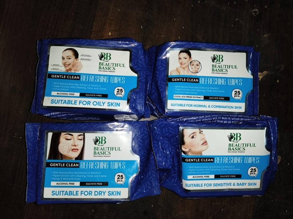 Side view of Beautiful Basics face wipes packaging, detailing key benefits.