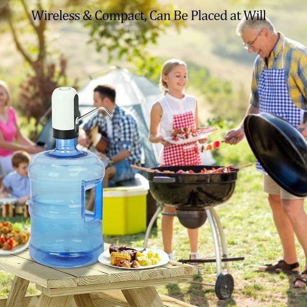 Automatic water pump dispenser showing its secure fit on a large water bottle.