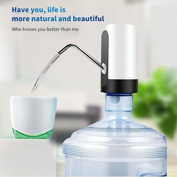 Hand operating the one-touch automatic water pump, dispensing water smoothly.