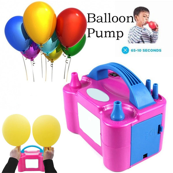 The electric balloon pump shown with a few inflated balloons for scale.