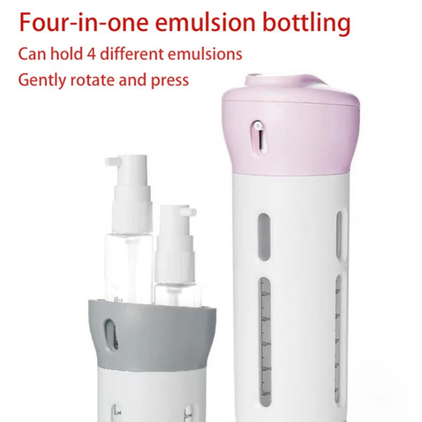 Front view of the colourful 4-in-1 travel dispenser, showcasing its sleek design.
