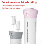 Front view of the colourful 4-in-1 travel dispenser, showcasing its sleek design.